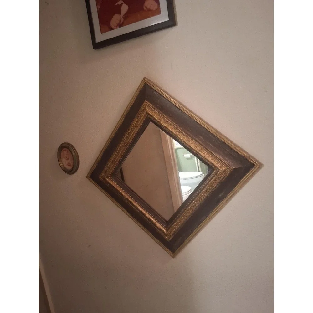 Vintage Ornate Diamond Mirror | Charcoal + Gold | Hollywood Regency
